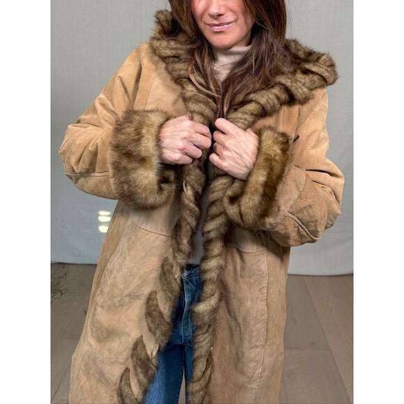 Vintage Dennis Basso Shearling-Trim Leather Coat – Camel Brown - Picture 6 of 9